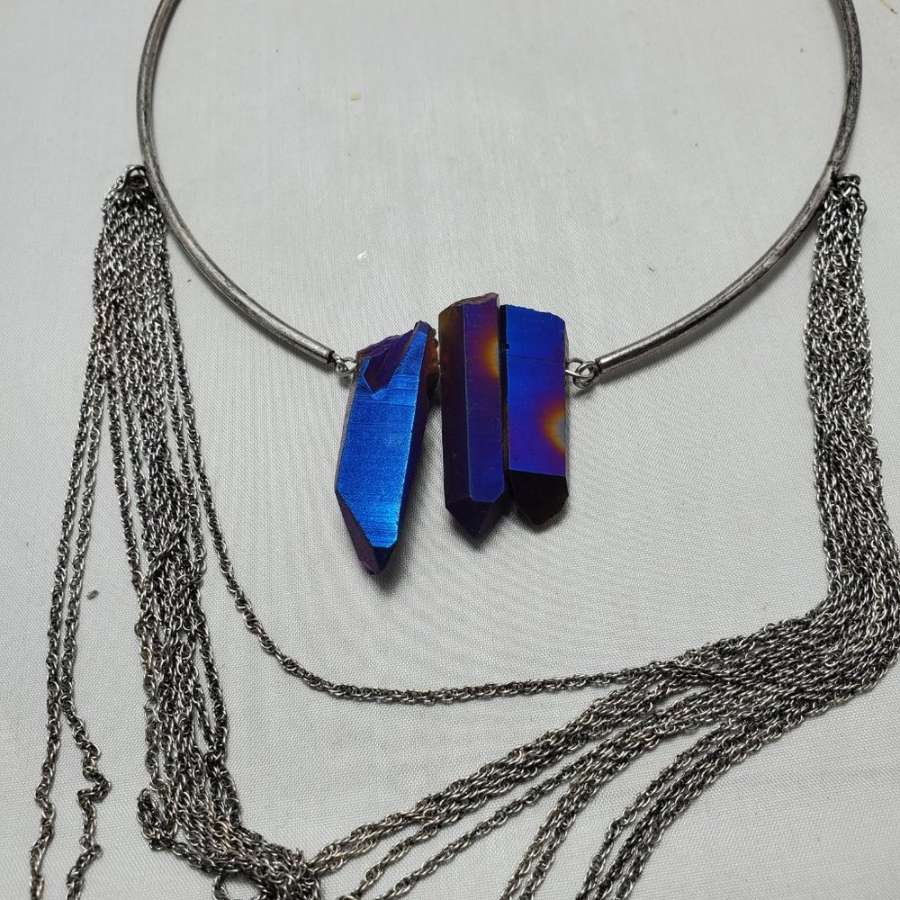 Gimmicks Silver-Tone Aura Quartz Crystal & 10-Row Multi-Strand Layered Collar Ne - Picture 4 of 9
